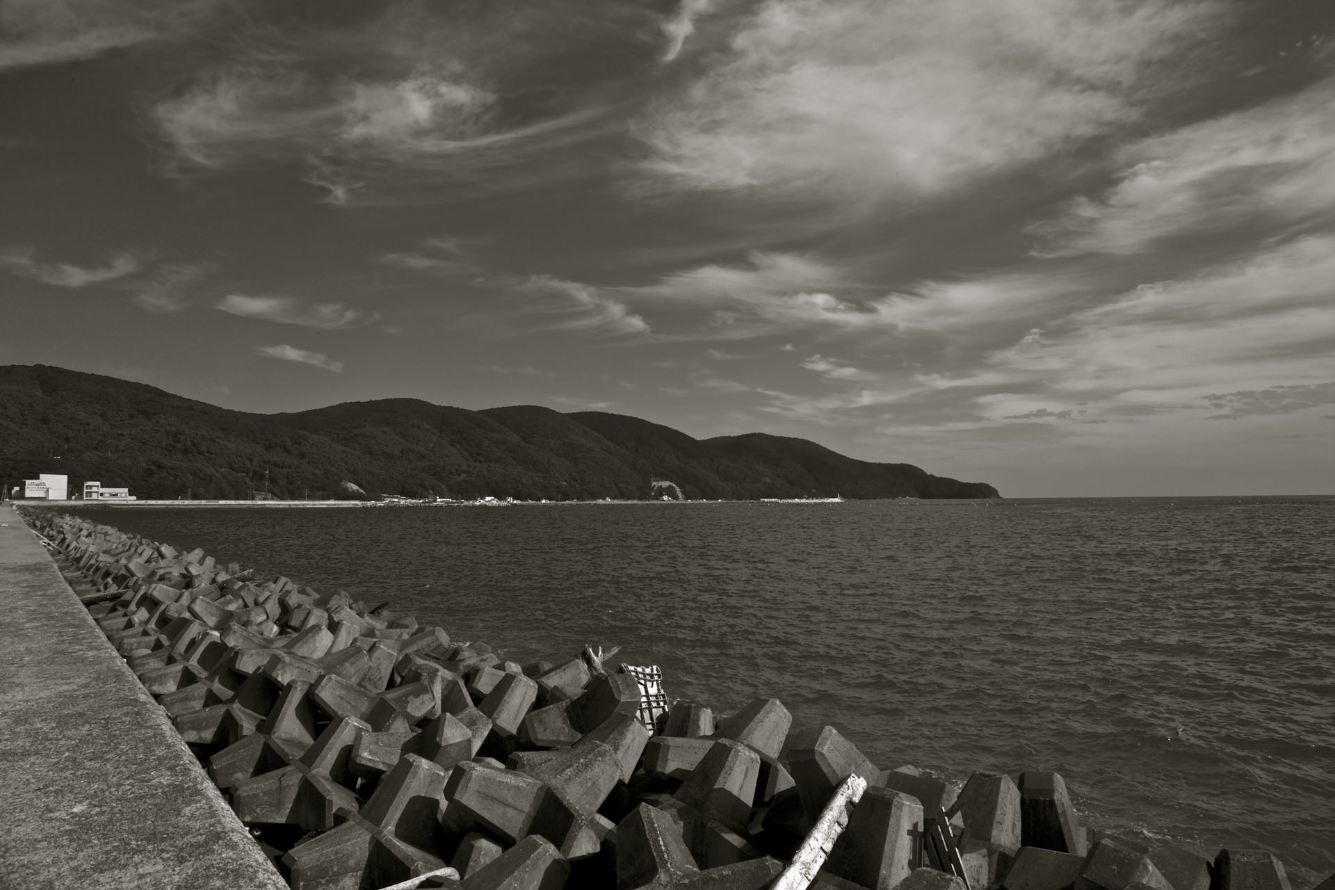 石巻の海岸線のmono画像